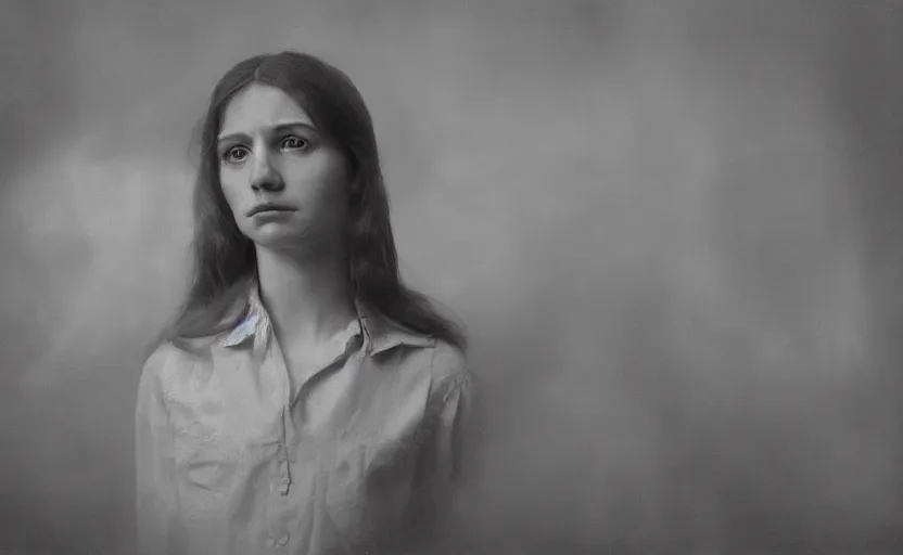 Prompt: portrait bust of young woman, solemn expression, russian cinema, tarkovsky, kodachrome, old cabin, window light, long brown hair, cloth, heavy fog, hudson river school, 4 k, dramatic lighting