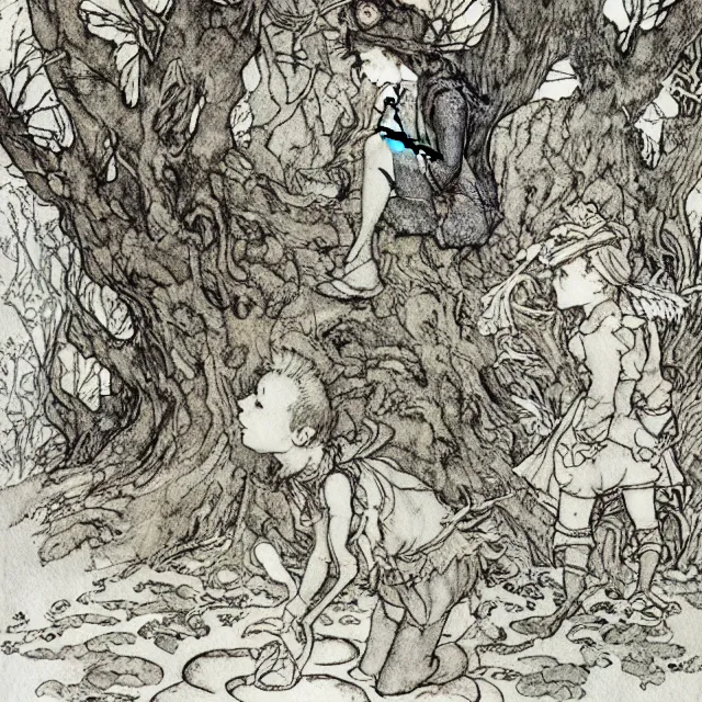 Image similar to a detailed, intricate watercolor and ink portrait illustration with fine lines, of goblins and fairies playing hopscotch on the mossy ground reading under a gnarled tree, by arthur rackham and edmund dulac and ted nutall and mucha