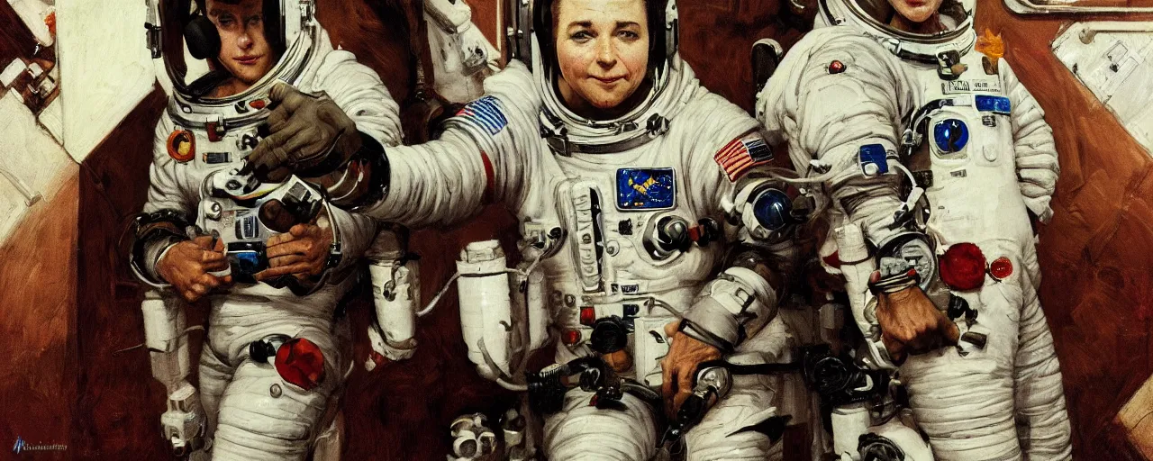 Image similar to a detailed portrait of an astronaut wearing headphones art by norman rockwell, cinematic, epic composition, hd, digital painting, digital art, concept art, illustration, comic art, stylized, masterpiece, award - winning