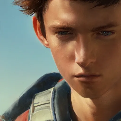 Prompt: closeup portrait of a young man with short brown hair and blue eyes, wearing old adventuring backpack, cinematic painting, 4k, detailed, by Greg Rutkowski, painting