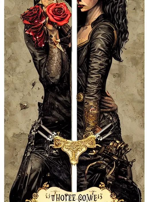 Image similar to tarot card :: horror :: vampires and draculas :: hearts and roses :: gold and silver :: guns and swords :: side profile :: highly details :: intricate details :: Sandra Chevrier and bastien lecouffe deharme