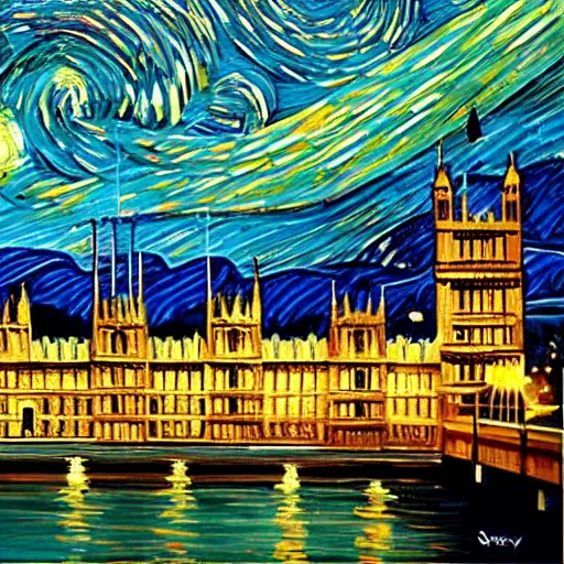 Prompt: A beautiful painting of the houses of parliament in style of starry night