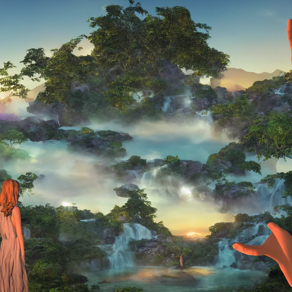 Image similar to a low-poly render of a big purple hand holding the orange setting sun on the ocean horizon. a green tinted transparent beckoning lady in front of a waterfall. a cream colored abandoned building featuring two statues and pitch black periphery. a prehistoric jungle scene with a mountain in the background.