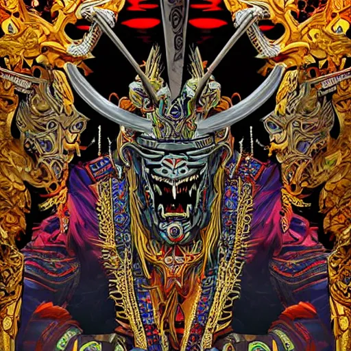 Prompt: side profile of barong family ancient sword with jewels, wiwek, mara demon, one single tribe member, jungle, one single mask, dark, tribal, inner glow, art by dan mumford and justin gerard