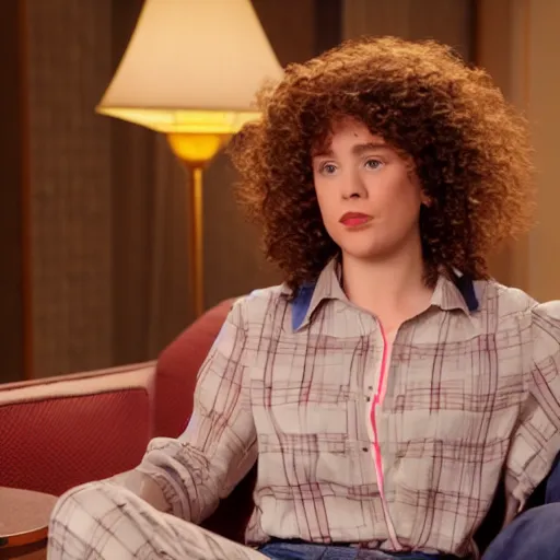 Prompt: A still of a character in a Sitcom TV Show that is taking place in a 90's hotel, curly hair, 4k, nostalgic lighting