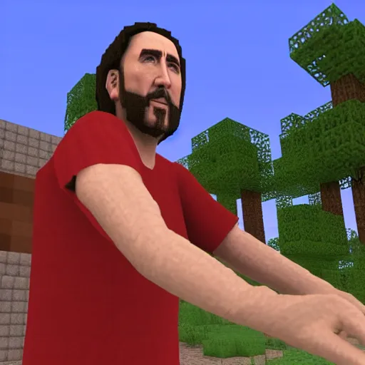 Image similar to Nicolas Cage in Minecraft, actual screenshot, 4k, hdr, RTX on, ultra settings,