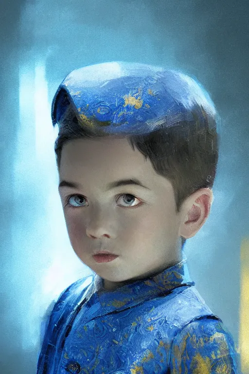 Image similar to little boy, close - up portrait, the portrait is decorated with blue and gold art deco patterns, powerfull, intricate, elegant, volumetric lighting, scenery, digital painting, highly detailed, artstation, sharp focus, illustration, concept art, ruan jia, steve mccurry