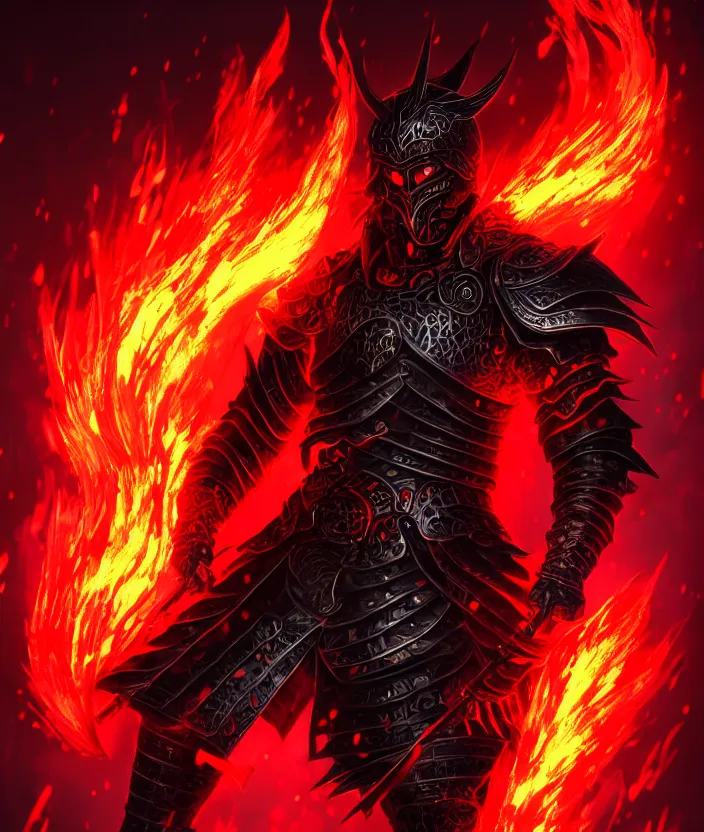 Image similar to a detailed manga character illustration of a dark warrior in black plated armour surrounded by red flames, trending on artstation, digital art, 4 k resolution, detailed, octane render, high quality, sharp focus, hq artwork, insane detail, concept art, character concept, character illustration, full body illustration