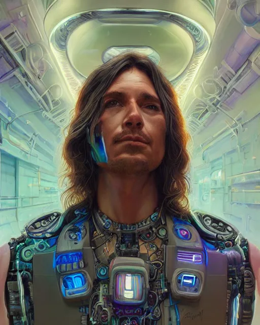 Image similar to a futuristic male hippie wearing tie - dye and cybernetic - implants | cyberpunk art | highly detailed | very intricate | symmetrical | cinematic lighting | award - winning | closeup portrait | painted by donato giancola and mandy jurgens and rossdraws and rhads | featured on artstation