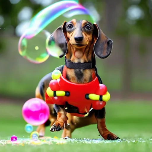 Image similar to photo a dachshund wearing a hot dog outfit, blowing soap bubbles, doing tricks, award winning