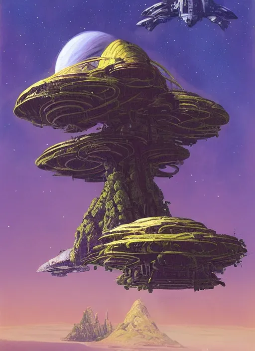 Image similar to spaceship hovering over an alien planet, forest with strange plants, low angle shot, concept art, by chris foss and michael whelan, concept art, digital illustration, trending on artstation, 8 k