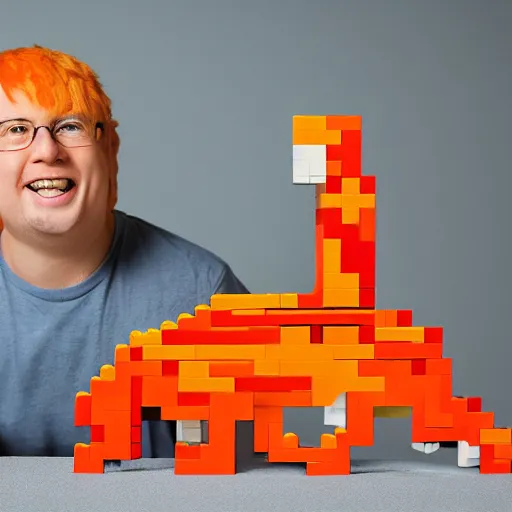 Image similar to 1 0, 0 0 0 piece lego sculpture by a master builder of a smiling orange cat with a big head and white face walking upright, scratch. mit. edu, product photography, studio lighting