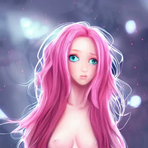 Prompt: of a highly detailed 2 d girl with 3 d pink hair