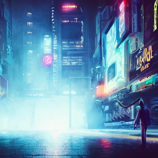 Image similar to Halloween ghost under a sheet, floating ghost, floating over futuristic metropolis sidewalk, at night, bright neon city lights, blade runner, trending on artstation, matte finish, volumetric lighting, 8k, 4k