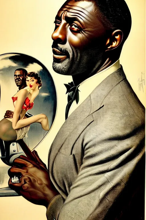 Prompt: idris elba portrait by gil elvgren and norman rockwell and rob gonsalves and hajime sorayama, hyperrealistic, high detail, ultra detailed, highly detailed face, ruffled fabric