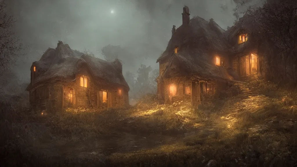 Image similar to A dark decrepit cottage on a hilltop at night, by Bastien LeCouffe-Deharme, hyperrealistic, Cryengine 8k UHD