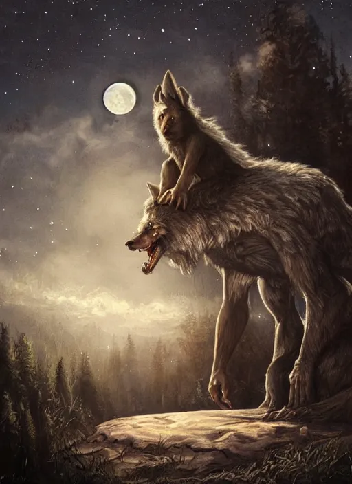 Prompt: a realistic painting of a werewolf at night sitting next to a child in front of full moon, fantasy art, matte painting, highly detailed