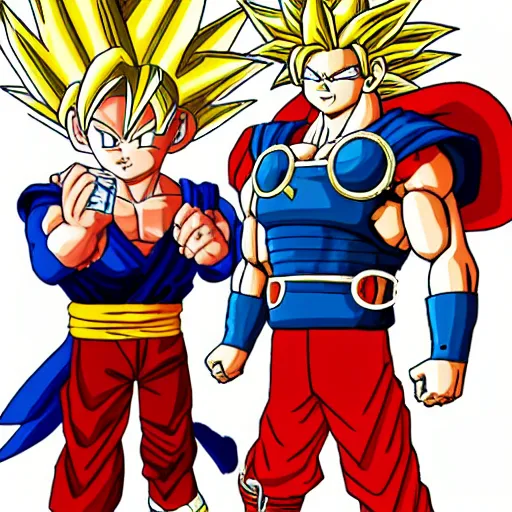 Prompt: photo of goku and thor sharing a beer