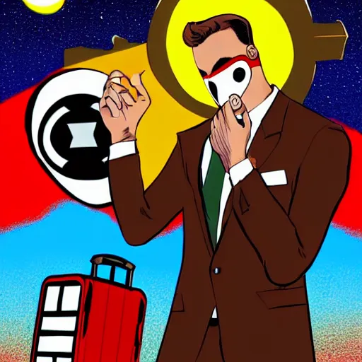 Image similar to brown suitcase containing domino superhero mask being opened by a ginger caucasian male in a brown suit, bruce timm artstyle, colorful, somber