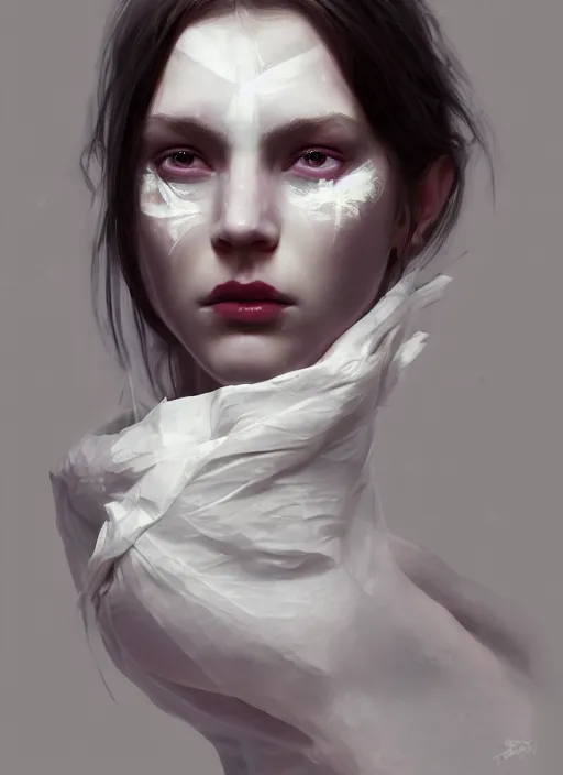 Prompt: portrait of beautiful girl with full pouty lips, skeksis, white face paint, bandaged nose, expressive eyes, fullbody, translucent skin, procedural rendering, greg rutkowski, charlie bowater, yuumei, yanjun cheng, unreal 5, daz, hyperrealistic, octane render, rpg portrait, dynamic lighting, fantasy art, beautiful face