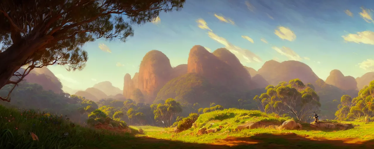 Image similar to australian impressionism landscape, pokemon sword and shield ghibli landscape illustration close floral clearing and mountains in the background, deep focus, d & d, fantasy, intricate, elegant, highly detailed, digital painting, artstation, concept art, matte, sharp focus, illustration, hearthstone, art by fire watch game and greg rutkowski, no characters