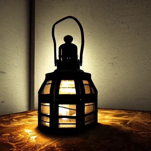 Prompt: oil lantern in musky office, dusty, cobwebs, ink stains, volumetric light, dark, art station, realistic painting