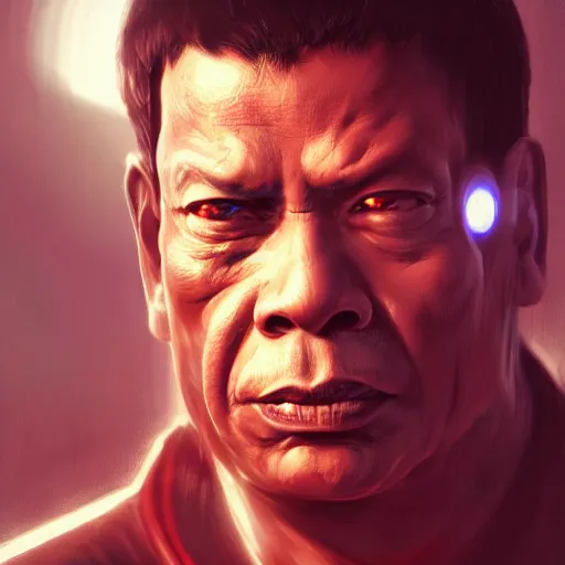 Prompt: duterte is an android with red eyes, cybernetic, artstation, by greg rutkowski, realistic, 4k, octane render,