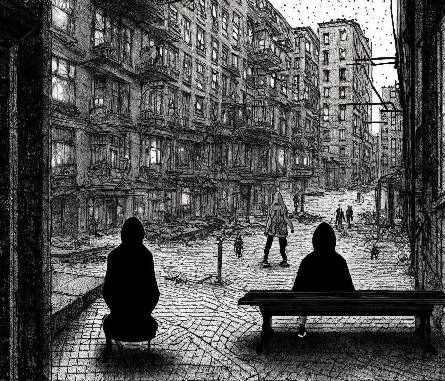 Image similar to sadie sink in hoodie sits on bench in ruined square, pedestrians walk by, steampunk tenements : storyboard, scifi cyberpunk. by gabriel hardman. cinematic atmosphere, detailed and intricate, perfect anatomy