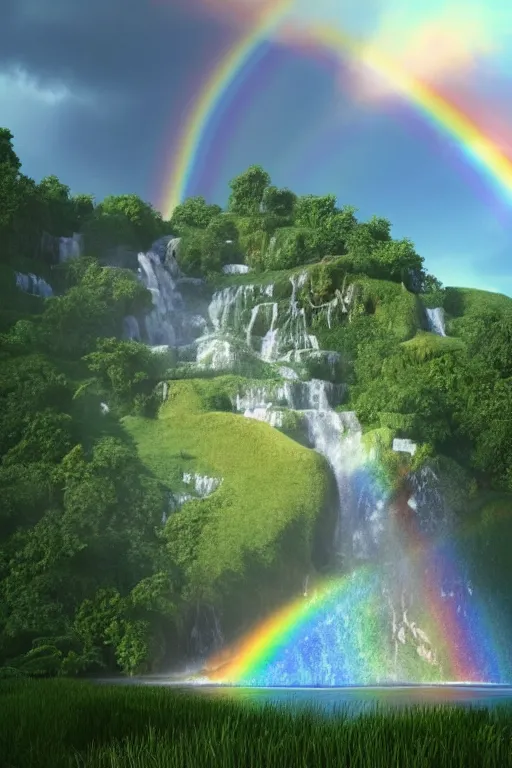Prompt: a beautiful and peaceful place that has 4 weather seasons at a time, the position of the house on a hill there is a waterfall, rainbow, small river, octane render, cinematic lightning, HD, 8k, by RAFFAELLO OSSOLA and Tyler Edlin, trending on instagram, artstation