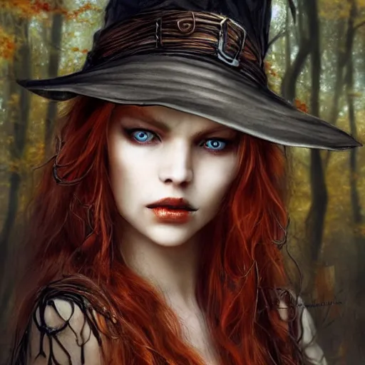 Prompt: beautiful nordic volva / witch with blonde red wavy hair and clean eyes standing in a autumn forest, soft flawless pale skin ultra - detailed face, dramatic dark lighting, hyperrealistic photo luis royo, wlop