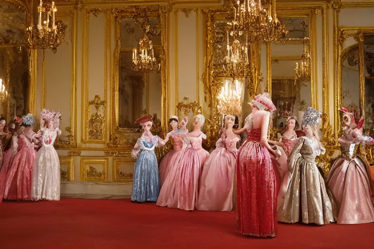 Image similar to in the versailles hall of mirrors, queen marie - antoinette dances in the foreground with her ladies - in - waiting at a masked ball. all high ladies are dressed in colourful, opulent robes embroidered with glittering sequins. the hall of mirrors features ornate crystal chandeliers with glowing candles and golden ornaments. photorealism red velvet curtains on the windows with night lights outside