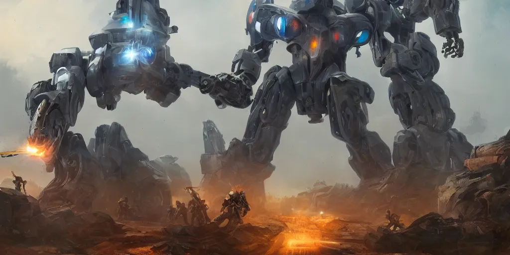 Image similar to mecha soldiers firing laser guns at a giant monster, concept art, digital painting, dramatic, trending on artstation, large scale