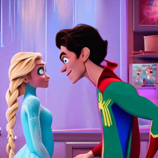 Image similar to spiderman and pregnant princess elsa talking in the kitchen, into the spiderverse cinematic render, ( 2 0 1 8 ) sony animation official media, clear details, award winning, blue gown, third trimester