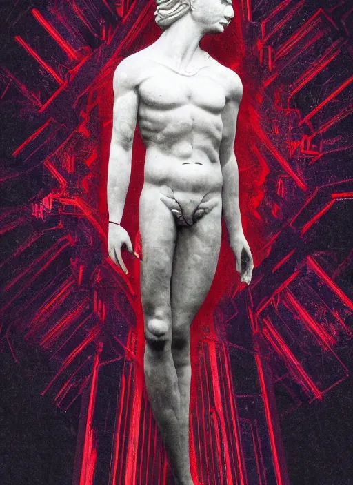 Image similar to elegant dark design poster showing a large greco roman statue, black background with very subtle red and purple design elements, bold, powerful, nekro, vito acconci, thin straight purple lines, dark, glitch art, neo vaporwave, gritty, layout frame, square, trending on artstation