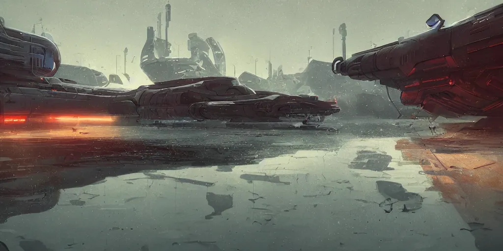 Prompt: scifi soviet cargo spaceship in heavy armor, forbidden west, liminal space around, puddles of water, by simon stalenhag, by ian pesty and alena aenami and makoto shinkai, concept art, matte painting, washed colors,