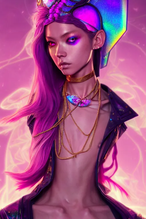 Image similar to hyperdetailed portrait of a stunningly beautiful pink female androgynous wizard guard made of iridescent metals and shiny purple gems, bright rainbow nimbus, golden necklace, inspired by ross tran and wlop and masamune shirow and kuvshinov, concept art, intricate, photorealistic, octane render, rtx, hdr, unreal engine, dnd digital art by artgerm