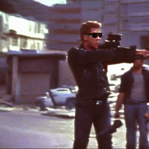 Image similar to film still of the terminator at a favela, shooting scene, blurry