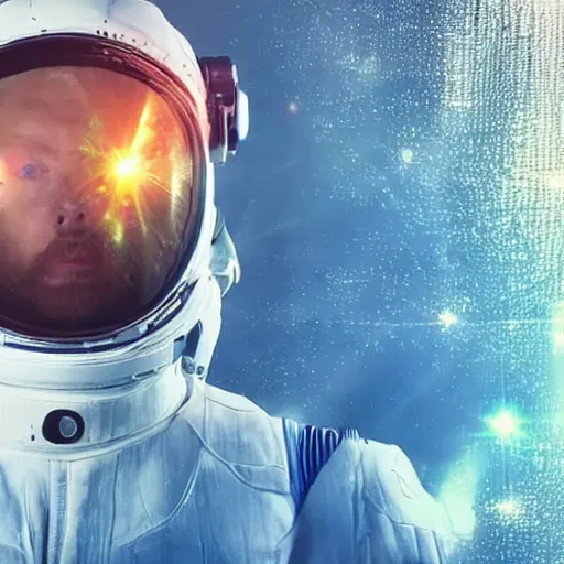 Image similar to thom yorke singer songwriter in a spacesuit, visor filling up with water, a hologram by mikolas ales, unsplash, video art, anamorphic lens flare, 8 k 3 d, datamosh, beautiful blue eyes, eyes reflecting into eyes reflecting into infinity, eyes reflecting into eyes reflecting into infinity