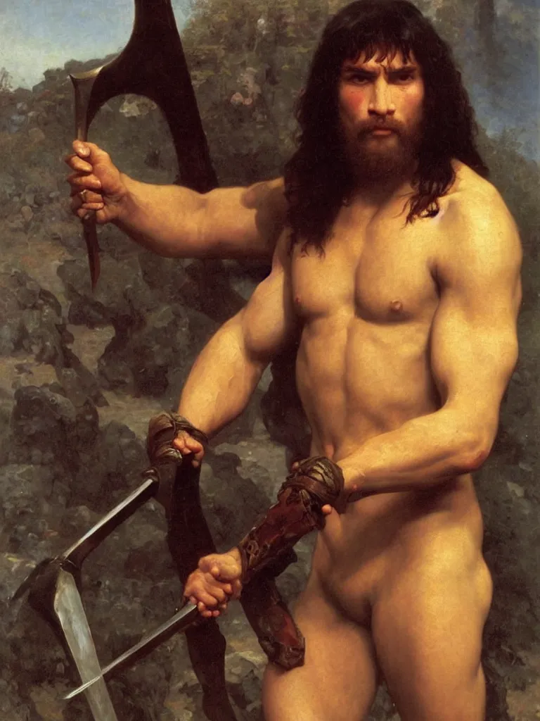 Prompt: a portrait of Conan the barbarian, oil painting by william bouguereau, hd, sharp focus,