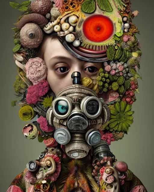 Image similar to a maximalist biomorphic portrait with with large eyes, expressive, wearing a botanical gas mask by arcimboldo, baroque painting by ayami kojima, mark ryden, cephalopod, mixed media 3 d collage, focus on head, soft light, 4 k, octane high quality render