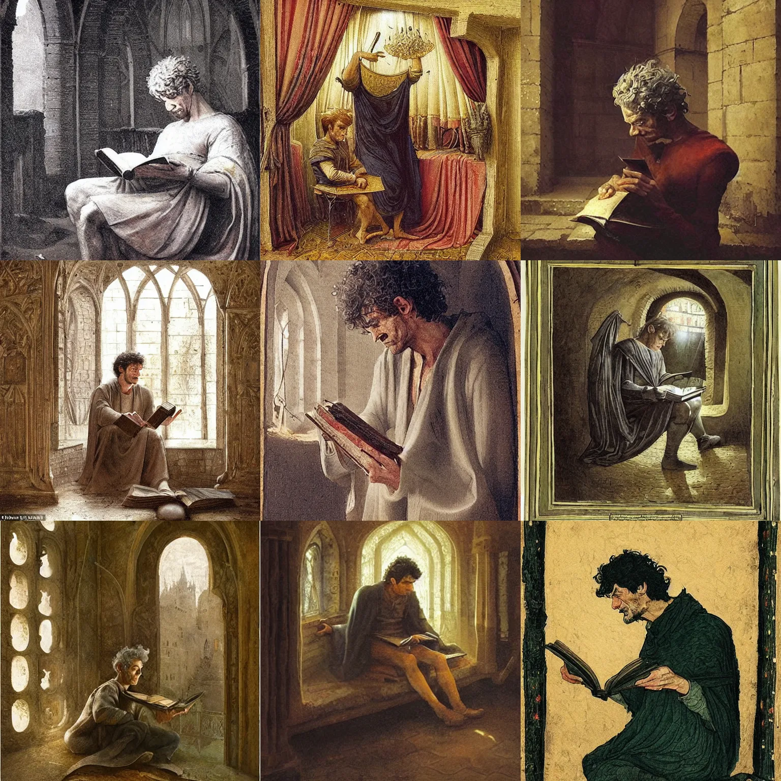 Prompt: a 1 3 th century, enigmatic, melancholic, fae king ( look like ( ( forthy years old james frain ) ), is ( ( reading an old book ) ). light dust, magnificent, hyperdetailed, theatrical, painted by darekzabrocki