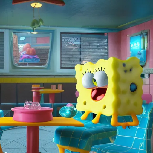 Image similar to hyperrealistic!! spongebob!! eating at the krusty krab, stunning 3 d render inspired by stephen hillenburg, perfect symmetry, dim volumetric cinematic lighting, 8 k octane comprehensive render, extremely hyper - detailed attributes & atmosphere, intricately proportional, realistic flesh texture, masterpiece, artstation, stunning,