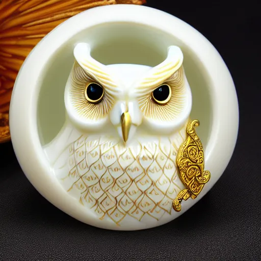Image similar to gorgeous ornated snow white porcelain realistic detailed sacred owl natsuke with golden filigree carved out of ivory