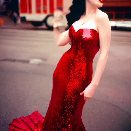 Image similar to film photography of captain christina hendricks as jessica rabbit, head and shoulders photography. red sequin ballgown dress. kodak ektar 4 0 0. canon f 1. 2.