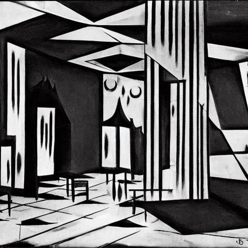 Prompt: a bar in the style of the cabinet of dr. caligari film, black and white, german expressionism, realistic