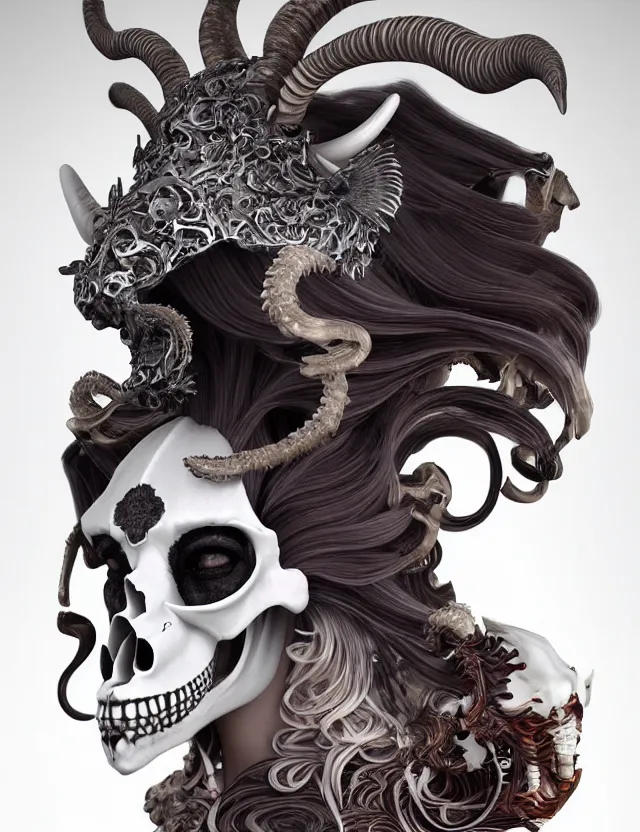 Image similar to 3 d goddess goat skull half - turn portrait with long hair with ram skull. beautiful intricately detailed japanese crow kitsune mask and clasical japanese kimono. betta fish, jellyfish phoenix, bio luminescent, plasma, ice, water, wind, creature, artwork by tooth wu and wlop and beeple and greg rutkowski