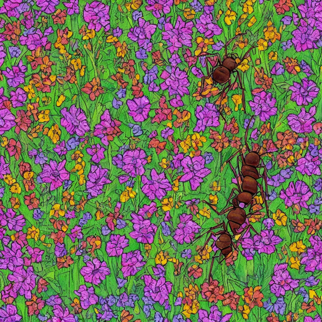 Image similar to a symmetric portrait of an ant surrounded by flowers, by well renowned world artist