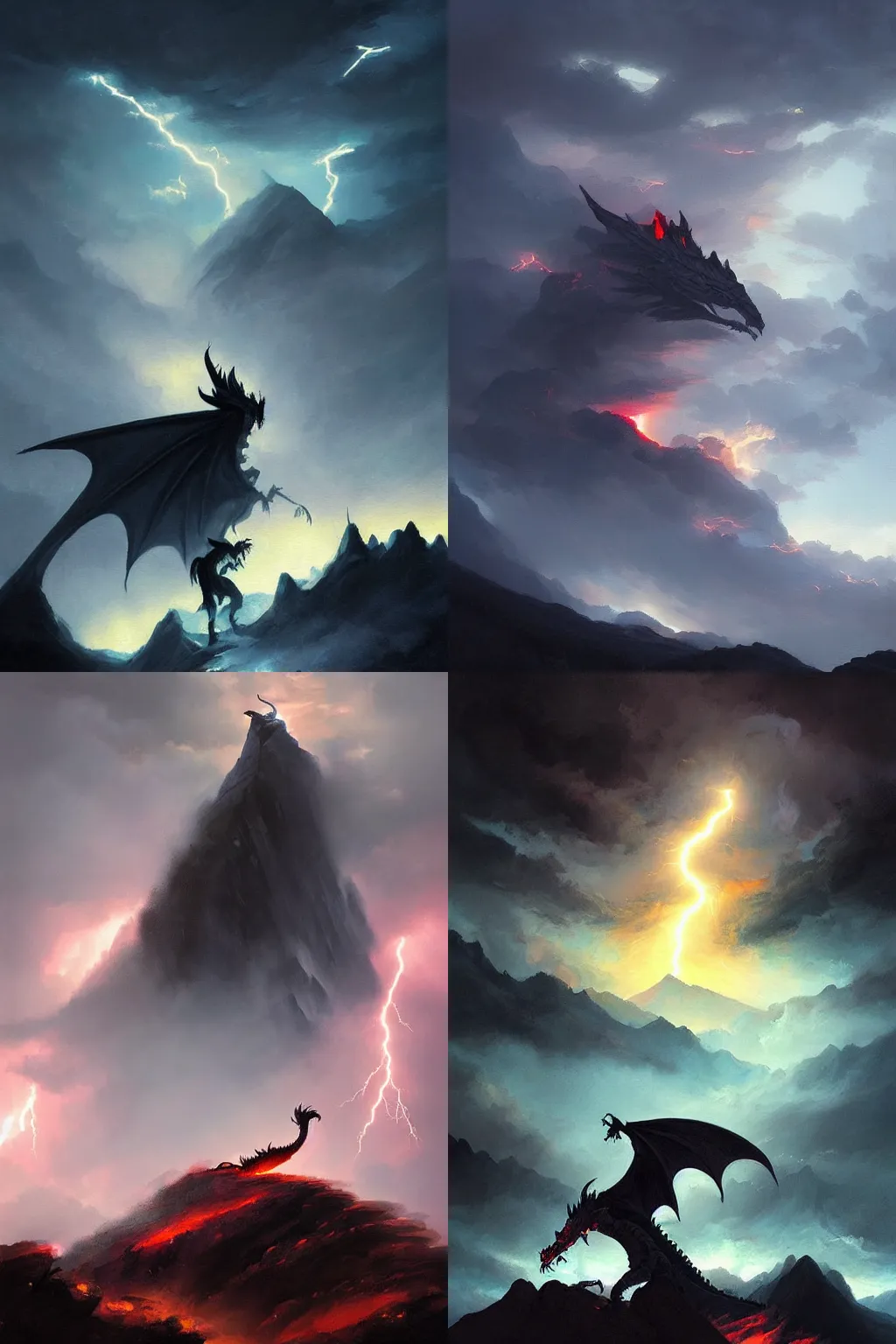 Prompt: epic painting by Greg Rutkowski of the silhouette of a dragon on top of a mountain, lit from behind by lightning, cold color palette, dark, moody, dramatic