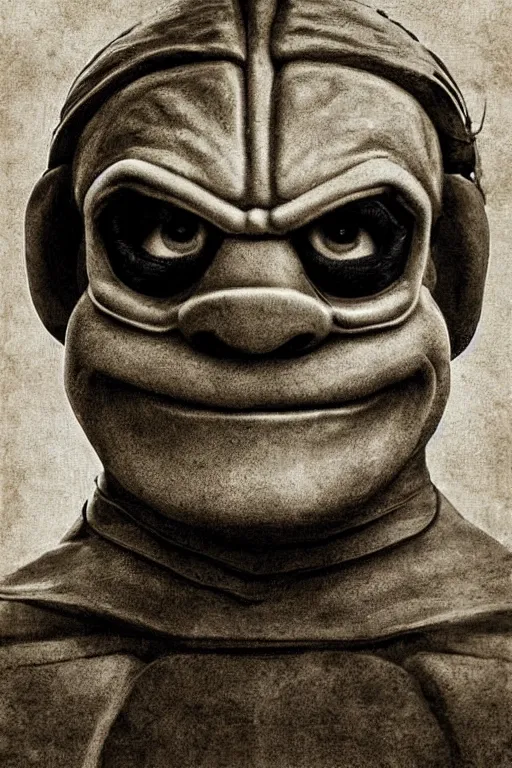 Image similar to leonardo from teenage mutant ninja turtles, portrait, full body, symmetrical features, silver iodide, 1 8 8 0 photograph, sepia tone, aged paper, sergio leone, master prime lenses, cinematic