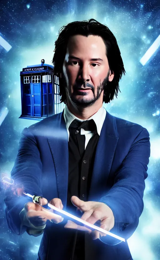 Image similar to portrait of Keanu reeves as 10th Doctor Who in the TARDIS with sonic screwdriver, Photo, High details, 8k, DSLR, long shot